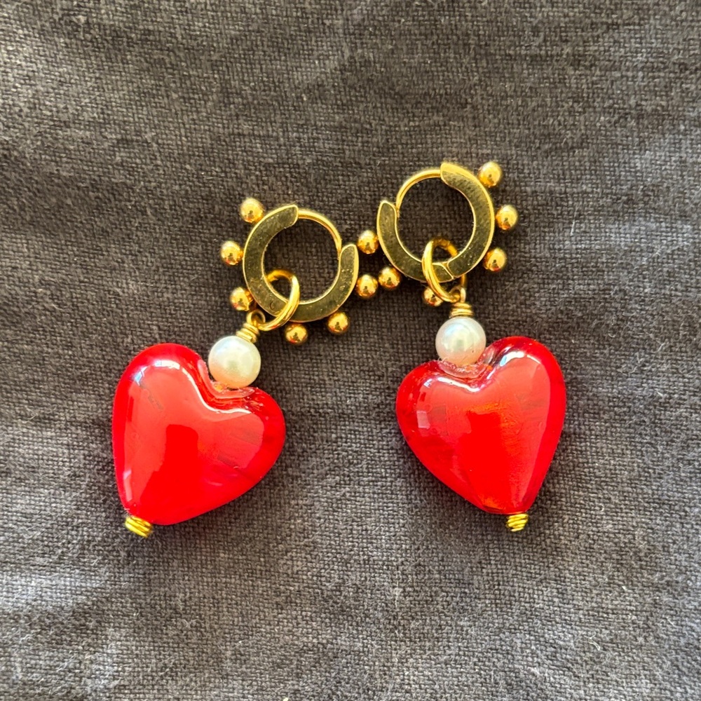 Gold and Red Heart Drop Earrings